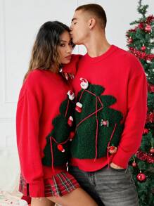 Manfinity VCAY Unisex Christmas Figure Print Crew Neck Pullover Sweater, Suitable For Winter And Christmas Season - Burgundy - View 4