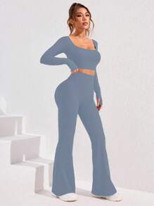 Women Solid Color Long Sleeve Casual Top And Long Pants Athletic Suit Workout Women Set - Blue - View 3