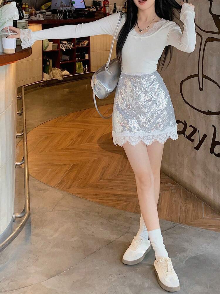 Shiny Casual Lace Patchwork A-Line Skirt For Women Prom Skirt Fall Skirts