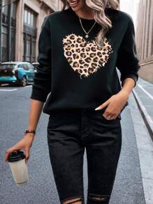 INAWLY Áo nỉ dài tay cổ tròn in hình trái tim cho nữ - màu đen - Xem 4