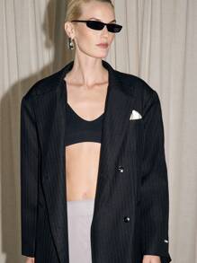 AiiRZ Designer Pin Stripe Blazer Double Breasted Wool Blazer Professional Business Fall Winter Lightweight Oversized Long Sleeve Fashion Urban Office Wear - Black - View 2