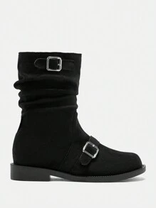 CUCCOO BIZCHIC Botas negro de media pantorrilla con detalles de botones rizado, botas de mujer estilo caballero, plataforma de tacón plano de tacón grueso, botas de motociclista
