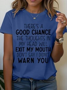 SHEIN LUNE 时尚英文标语正面数码印花休闲舒适百搭女式长袖T恤图案T恤女式春季上衣 - 藍色 - 查看 1