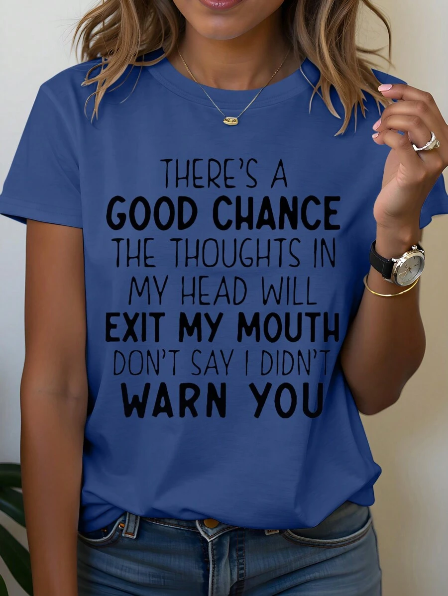 SHEIN LUNE 时尚英文标语正面数码印花休闲舒适百搭女式长袖T恤图案T恤女式春季上衣 - 藍色 - 查看 1