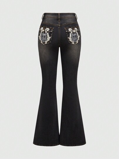 Grunge Punk Rhinestone Skeleton Wing Embroidery Distressed Retro Vintage Wash Frayed Skinny Flare Women Jeans