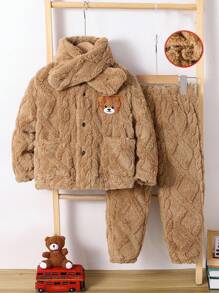 2pcs Kids Young Boy Casual Cute Bear Patch Long Sleeve Cardigan And Solid Color Straight Pants Coral Fleece 2 Pieces Outfit Set, Suitable For Commuting, School, Daily Casual, Holiday, Sportswear, Suitable For Fall, Winter Seasons