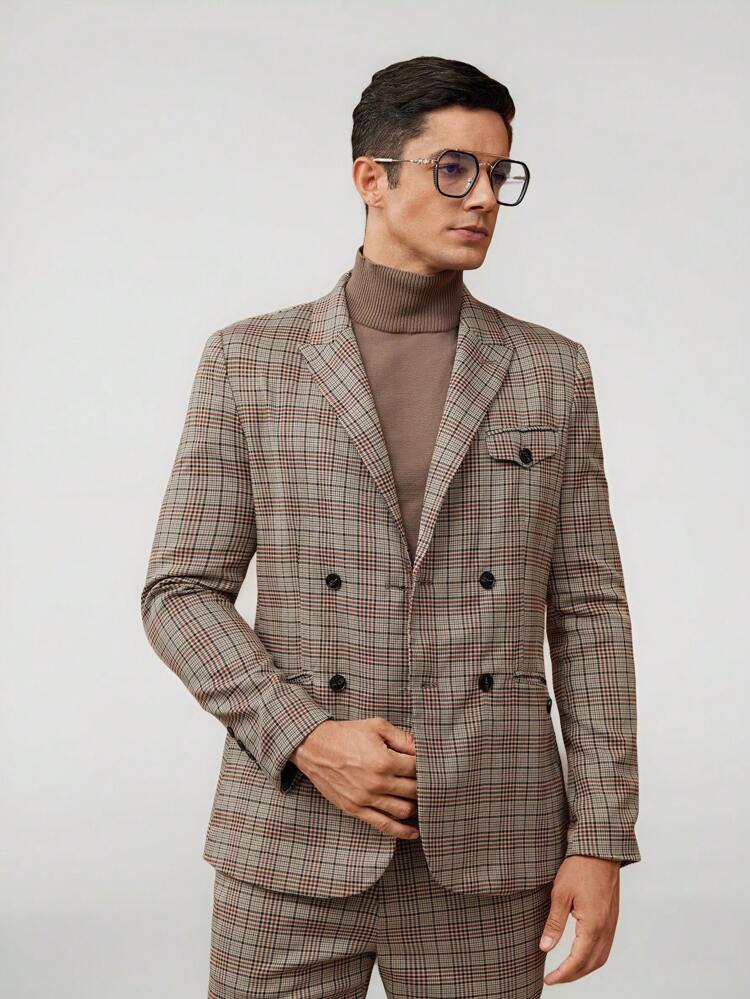 Men Plaid Print Double Breasted Blazer