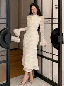 DAZY Váy đuôi cá tay loe thắt nơ cổ bán rùa, chất liệu vải họa tiết, thời trang xuân/hè, dành cho ngày lễ tình nhân, ngày lễ thu, đông - trắng - Xem 2