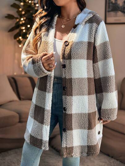 SHEIN LUNE 大码格子印花前扣连帽长袖外套感恩节女式新年冬装女士热销圣诞服装