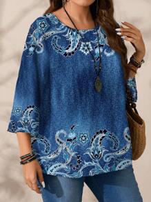 Mellowie 大码女式花卉复古印花宽松圆领七分袖衬衫