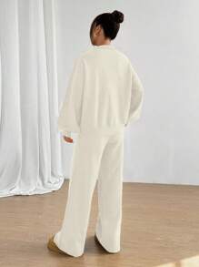 SHEIN Unity 2pcs Casual Minimalist Solid Color Sweater Sets, Slouchy Everyday Style - Beige - View 2