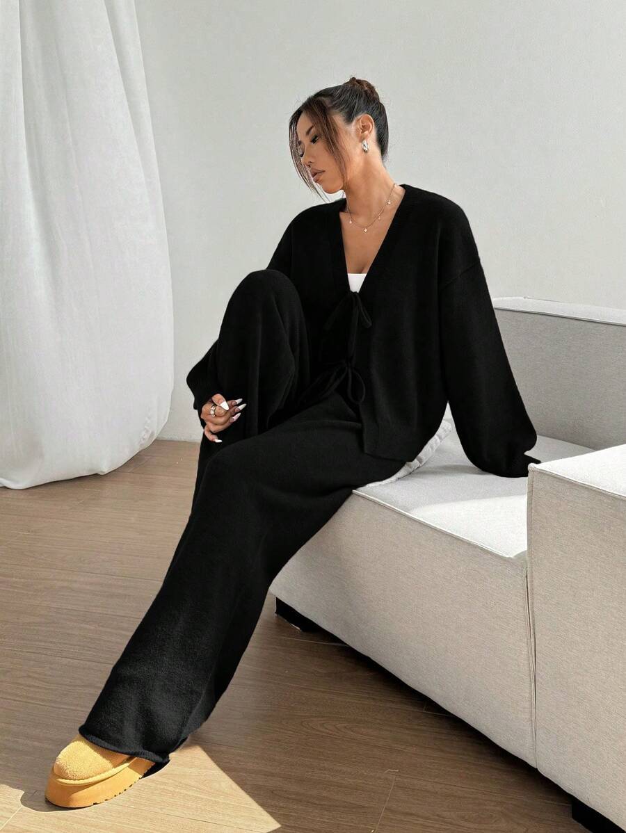 SHEIN Unity 2 件套休闲纯色系带开衫和裤子套装 - 黑色 - 查看 1