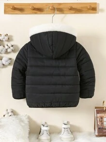 SHEIN 1 件婴儿男童/女童休闲可爱日常柔软保暖蓝色连帽绗缝外套，适合外出、上学、日常聚会、秋冬季 - 藏蓝色 - 查看 2