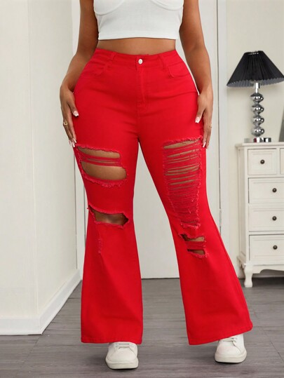 SHEIN ICON Plus Size Women Ripped Casual Denim Jeans, Minimalist Fashion For Everyday Wear