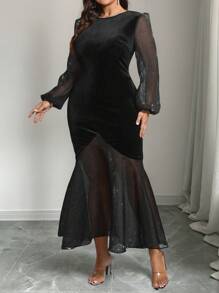 SHEIN Clasi Đầm dự tiệc Giáng sinh thanh lịch, tay dài, màu trơn, viền đuôi cá, cỡ lớn cho nữ, trang phục Maxi mùa xuân/hè - màu đen - Xem 4