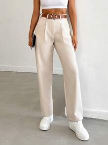 EURMUSE Women Solid Color Pleated Straight Loose Daily Casual Commuting Long Pants - Beige - View 3