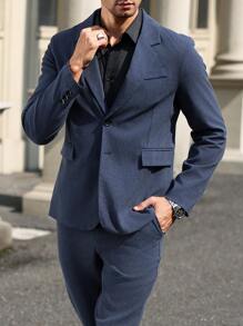 Manfinity Mode Męski garnitur biznesowy dojazdowy w jednolitym kolorze, kurtka i spodnie - Granatowy - Zobacz 6