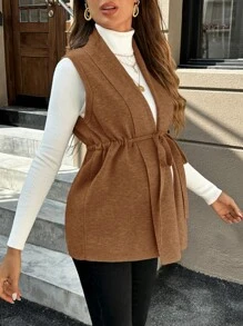 Momance Jersey sin mangas con cuello, cintura anudada y unicolor para maternidad, otoño/invierno - Marrón - Ver 4