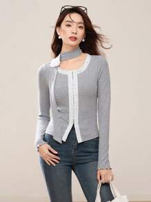 EastFlair Women Solid Color Splice Long Sleeve Casual Top