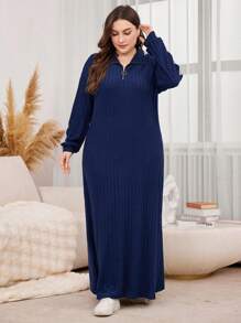 Mulvari 加大码宽松针织翻领半拉链长款休闲连衣裙，运动风格长款女装