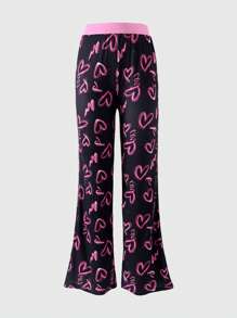 SHEIN Explorewe Pantaloni sportivi casual da ragazza adolescente per uso quotidiano, con vita elastica, stampa a cuori, pannelli in patchwork, gambe a zampa, pantaloni della tuta di moda per l'autunno e San Valentino - nero - Visualizzare 1