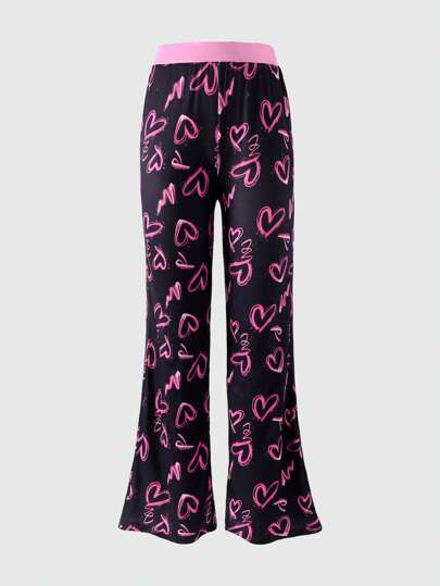 SHEIN Explorewe Teen Girl Casual Everyday Sports Stretch Waist Heart Print Patchwork Flare Leg Pants, Fashionable Sweatpants For Autumn Valentine's Day