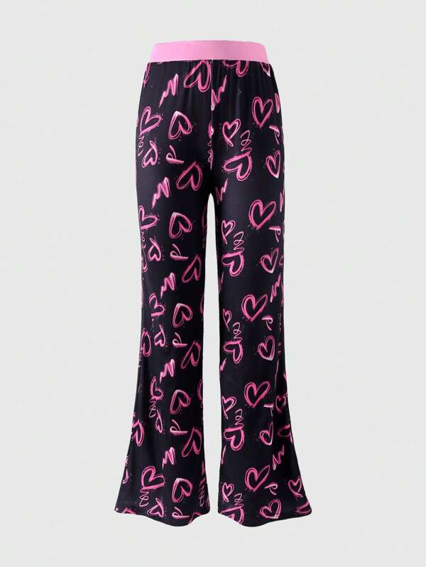 SHEIN Explorewe Teen Girl Casual Everyday Sports Stretch Waist Heart Print Patchwork Flare Leg Pants, Fashionable Sweatpants For Autumn Valentine's Day