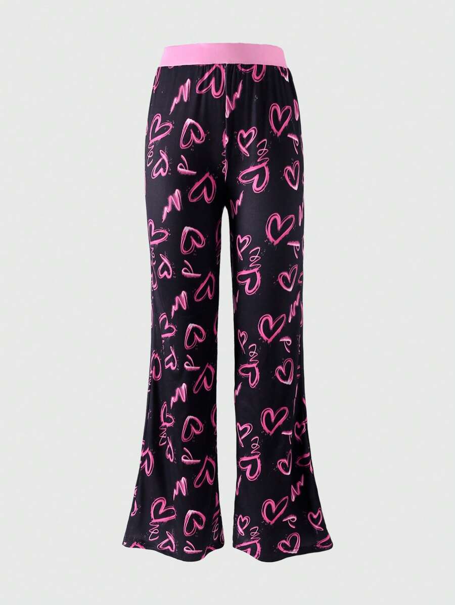 SHEIN Explorewe Pantaloni sportivi casual da ragazza adolescente per uso quotidiano, con vita elastica, stampa a cuori, pannelli in patchwork, gambe a zampa, pantaloni della tuta di moda per l'autunno e San Valentino - nero - Visualizzare 1