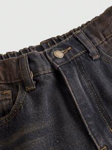 SHEIN Tween Girl's Retro Washed Front Button Multiple Pockets Casual Denim Straight Leg Jeans