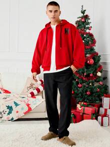 Manfinity VCAY Loose Knit Drop Shoulder Zipper Hooded Sweatshirt, Suitable For Autumn/Winter Going Out, Letter Long Sleeve Full Zip Up Red Hoodie, For Friends, Husband, Boyfriend Gifts, For Christmas - Red - View 5