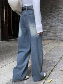 DAZY Distressed Faded Frayed Hem Pocket Straight Leg Women Jeans - Blue - View 2