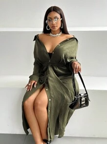 Maweii Plus Size Solid Color Button Front Long Sleeve Casual Dress Maxi Women Outfit Fall Cloth For Women - Green - View 3