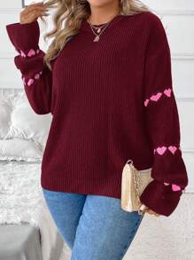 SHEIN Clasi Plus Size Heart Pattern Ruffle Trim Sweater