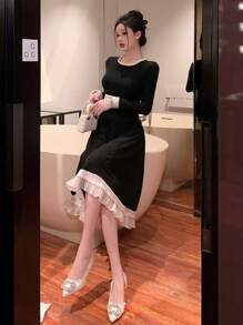 DAZY Mid-Length Color Block Ruffle Hem Dress For Women, Suitable For Dates Prom Dress,Fall Dress Elegant Women Dresses - Black - View 3