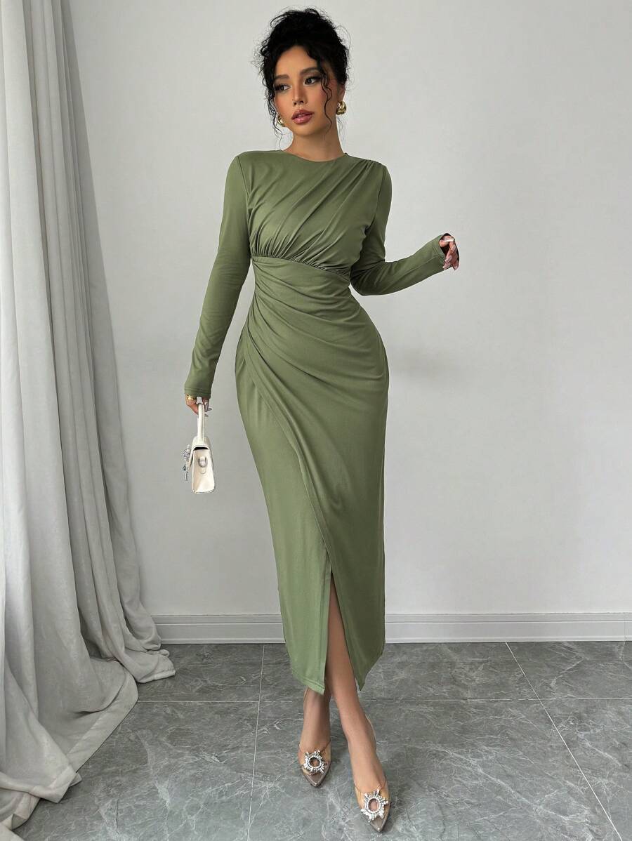 Selianne Women's Elegant Work Commute Solid Color Form-Fitting Round Neck Folding Collar Long Sleeve Bodycon Dress, Spring/Autumn/Winter Maxi Women Outfit Fall Cloth For Women
