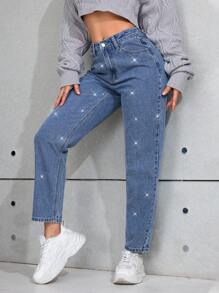 SHEIN PETITE Casual Washed Rhinestone Tapered Denim Pants - Light Wash - View 4