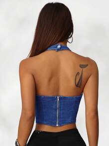 SHEIN EZwear Blusa vaquera azul de mujer de ajuste ceñido con cuello de halter elástico, para vacaciones de verano, estilo de los 90, primavera para mujer, estilo Y2K, vaquera, para mujer, rave, spring break, salir, streetwear, estilo de los 2000, gyaru, despedida de soltera, noche de citas, concierto de mujer, salir, con sujetador incorporado, playa para mujer, boho, Ibiza, se ajusta a festivales, tops de verano para mujer - Azul lavado medio - Ver 2