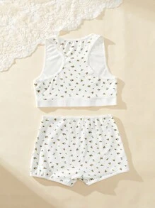 Bộ 2 chiếc/Bộ áo ba lỗ hở vai cổ tròn in họa tiết hoa cho bé gái tuổi teen Bộ đồ lót thường ngày - Nhiều màu - Xem 2
