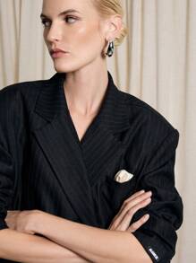 AiiRZ Designer Pin Stripe Blazer Double Breasted Wool Blazer Professional Business Fall Winter Lightweight Oversized Long Sleeve Fashion Urban Office Wear - Black - View 4