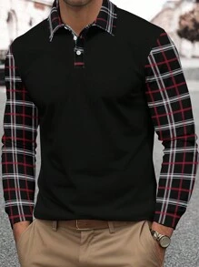 Manfinity Mode 男士休闲格子拼接长袖 Polo 衫，秋季，秋季，Old Money - 黑色 - 查看 2
