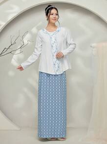 Graceveil Baju Kebaya Outfit: Contrast Color Lace Embroidered Long Sleeve Blouse And Full Print Skirt Set Modest - White - View 3
