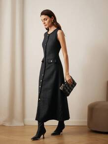 SHEIN Unity French Minimalist Versatile Glamorous Sequin Tweed Fringed Design Button Long Sleeveless Overcoat, Autumn/Winter Holiday Party Clothes  - Black - View 5