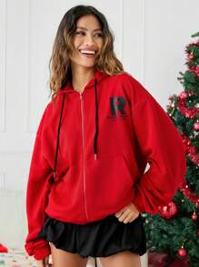 Manfinity VCAY Loose Knit Drop Shoulder Zipper Hooded Sweatshirt, Suitable For Autumn/Winter Going Out, Letter Long Sleeve Full Zip Up Red Hoodie, For Friends, Husband, Boyfriend Gifts, For Christmas - Red - View 2