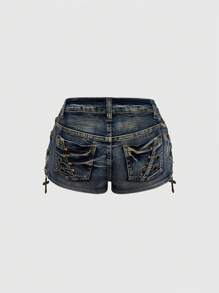 ROMWE Avant Spring/Summer Distressed Vintage Washed Metal Cross Detail Low Waist Mini Shorts - Blue - View 2
