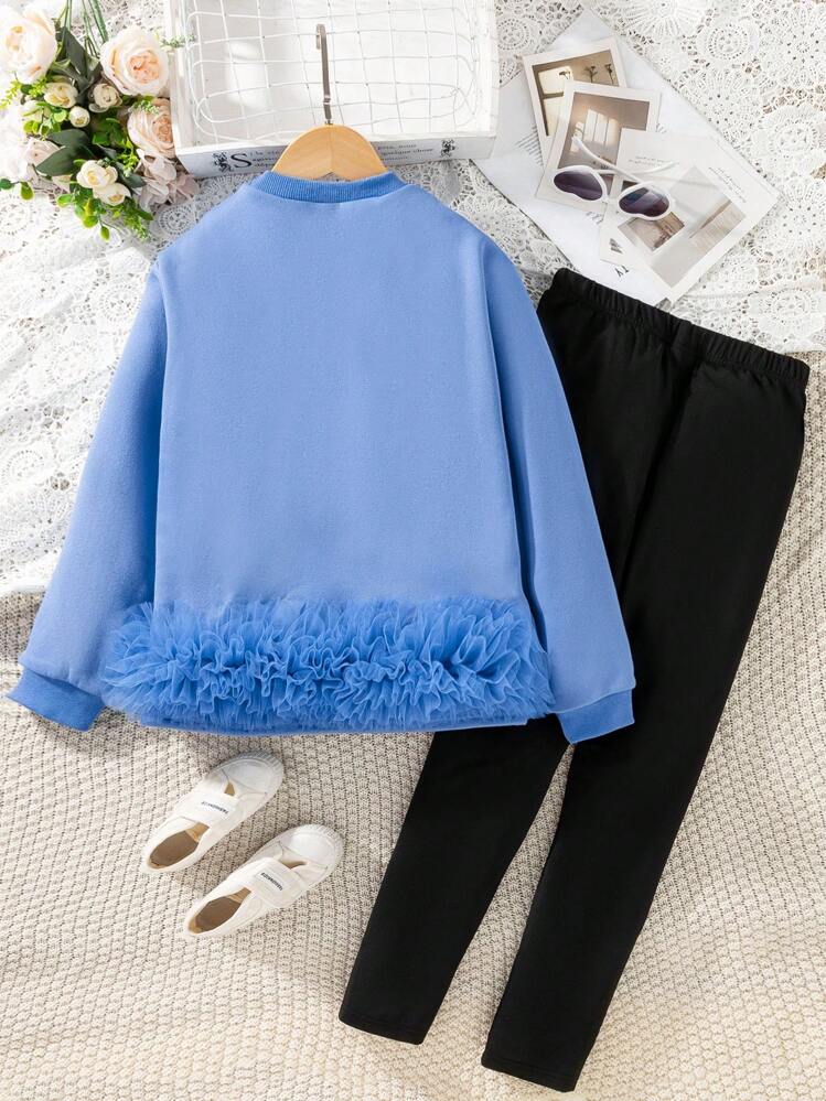Conjunto de 2 piezas para niña preadolescente con sudadera azul de cuello redondo con dobladillo de tul con estampado floral y leggings - Azul - Añade 2