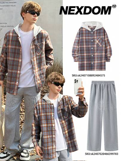 SHEIN 1pc Teen Boys' Casual Versatile Warm Woolen Plaid Jacket, Suitable For Winter Outdoor, Commuting, Schooling