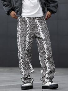 Manfinity Homme Men's Snakeskin Print Loose Wide-Leg Jeans - Grey - View 4