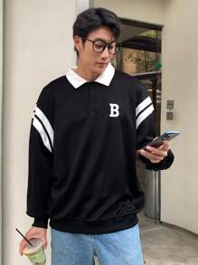 Manfinity Dauomo Men's Contrast Color Letter Applique Striped Print Casual Long Sleeve Polo Shirt