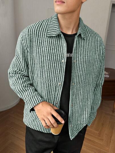 Claim Dot Men's Front Button Long Sleeve Striped Minimalist Jacket, Casual Daily Wear