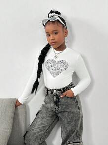 SHEIN Leap Crew Blusa de punto informal de calle para niñas preadolescentes con cuello alto elástico y mangas largas - Blanco - Ver 1